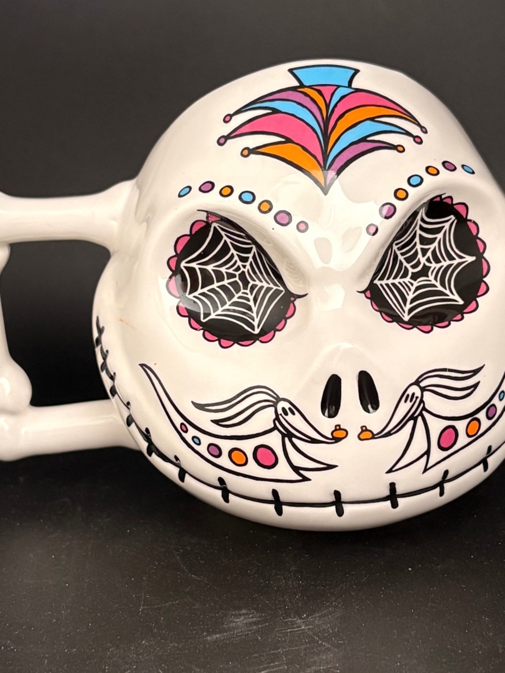 Nightmare Before Christmas Sugar Skull Ceramic Mug Bone Handle Jack Skellington